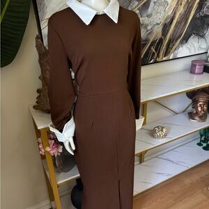 SHEIN Brown Long Sleeve Dress with White Collar